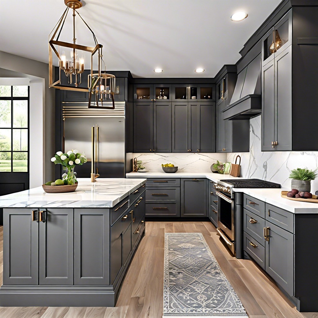 luxurious kitchen with charcoal gray cabinets and a silver leaf backsplash