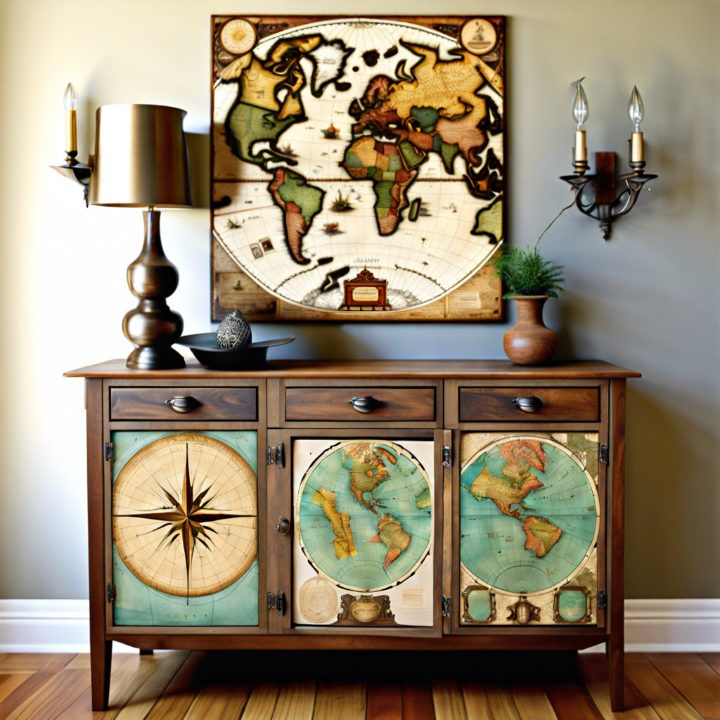 mapped out decoupage maps onto the cabinet surfaces for a travelers theme