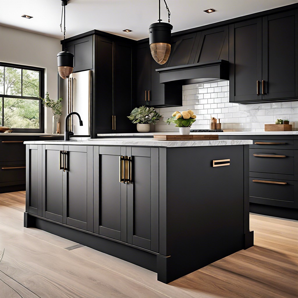 matte black shaker cabinets with brushed black handles