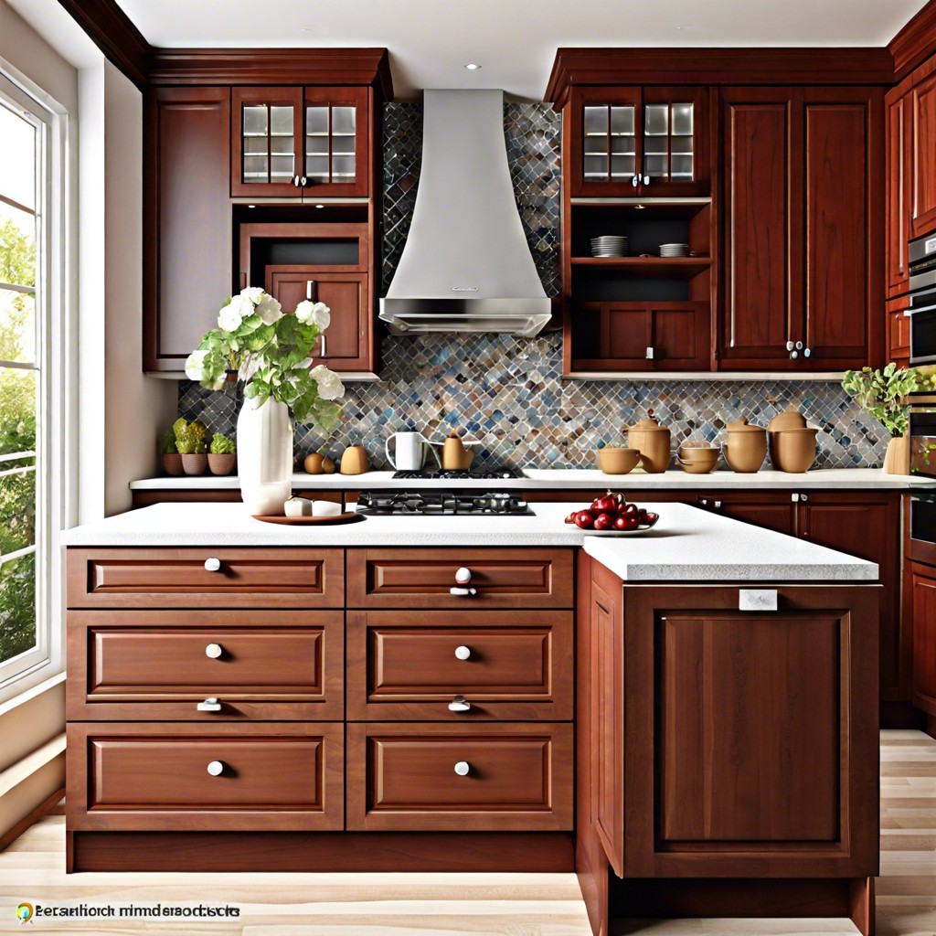 mediterranean mosaic warm cherry cabinets with a colorful mosaic tile backsplash and terra cotta floors