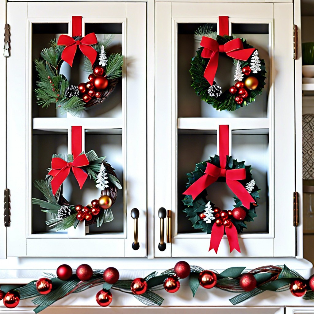 mini wreaths on cabinet doors