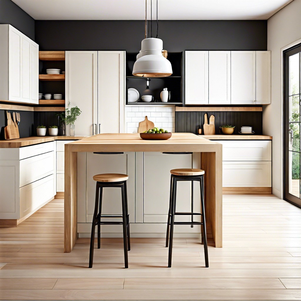 modern minimalist design with bleached butcher block and glossy white cabinets