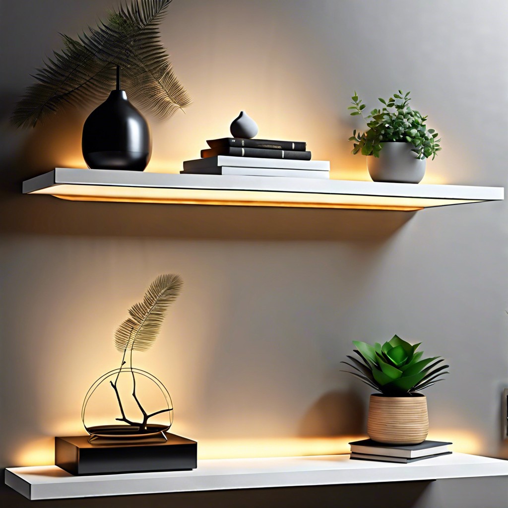 modern minimalist floating shelves with backlighting