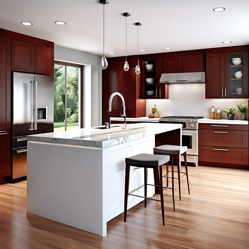 modern minimalist sleek handleless cherry cabinets with a white quartz countertop