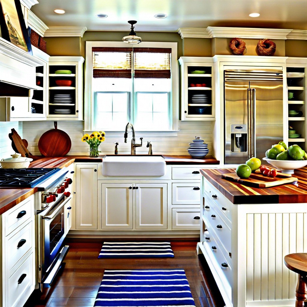 nautical theme with white beadboard cabinets and a teak butcher block