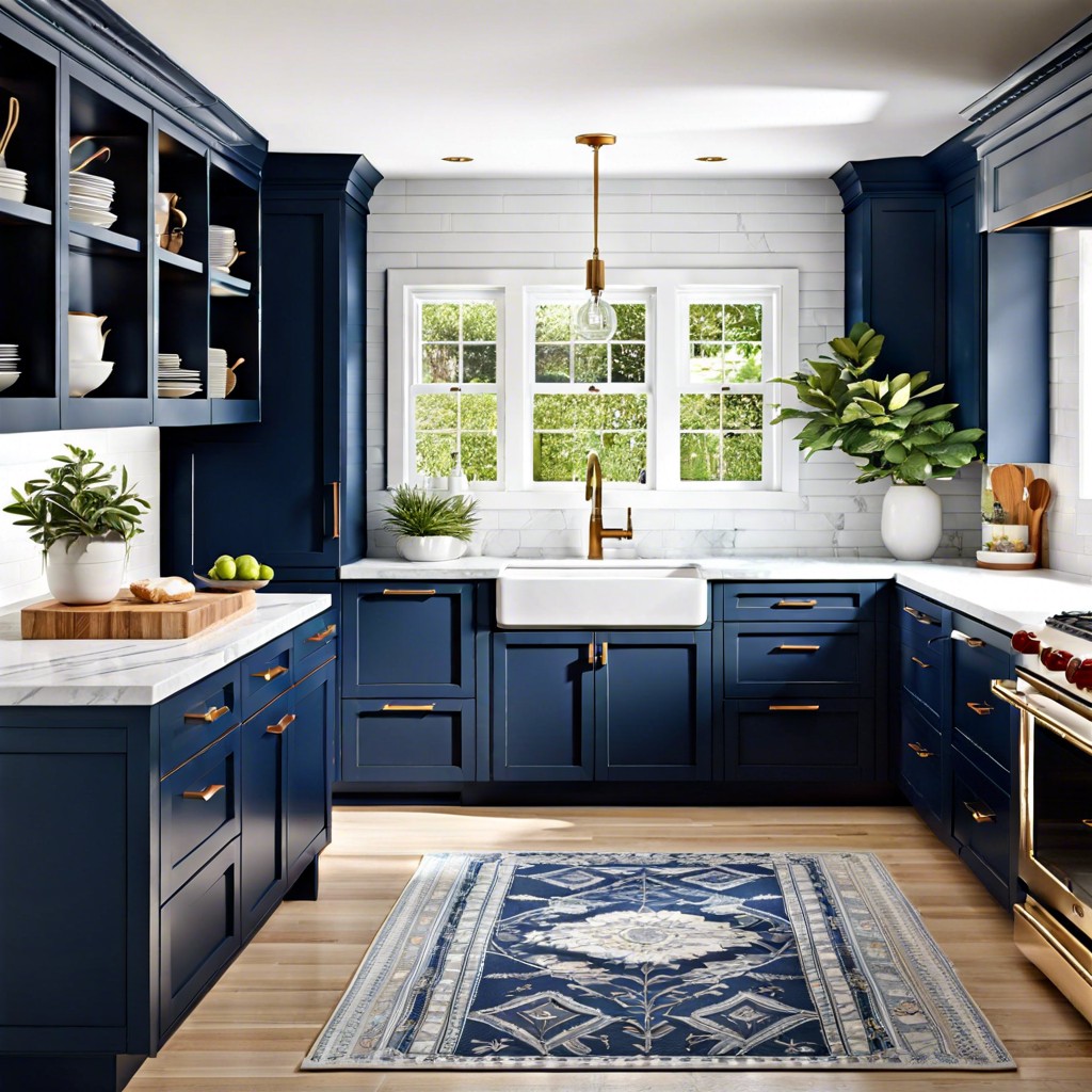 navy blue cabinets with white countertops