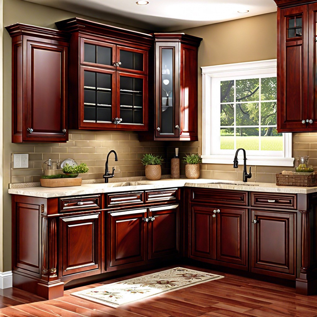 old world elegance ornate cherry cabinetry with a farmhouse sink and classic marble countertops