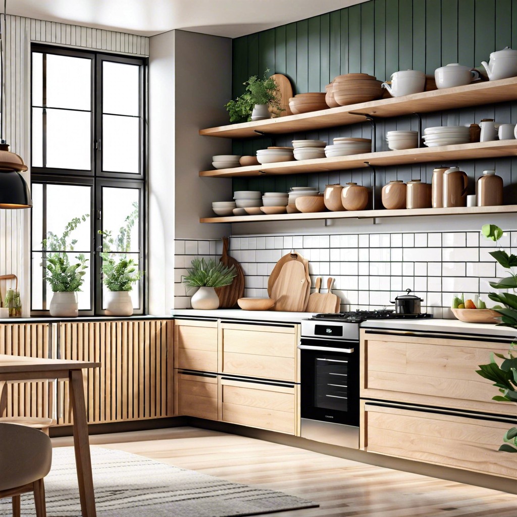 open light wood shelving mixed with closed cabinets for versatility