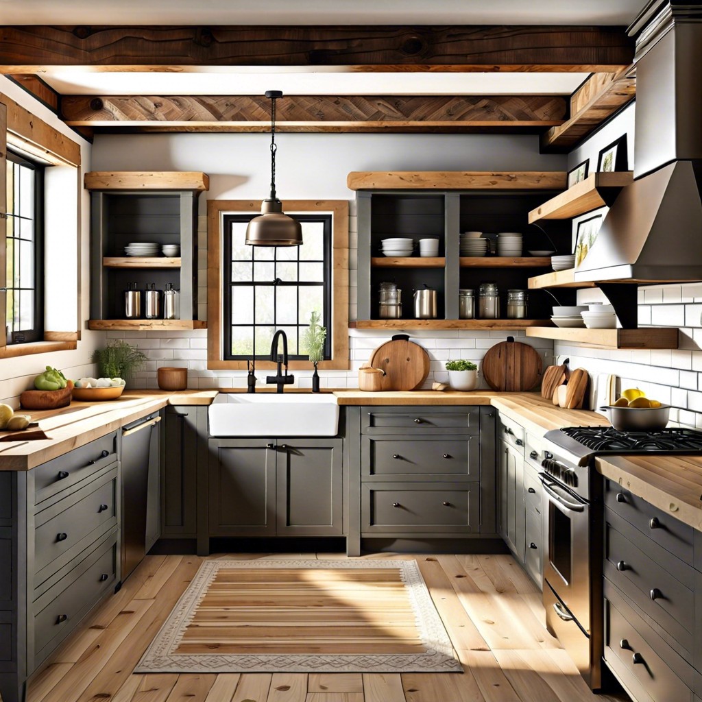 open shelving with rough hewn wooden planks