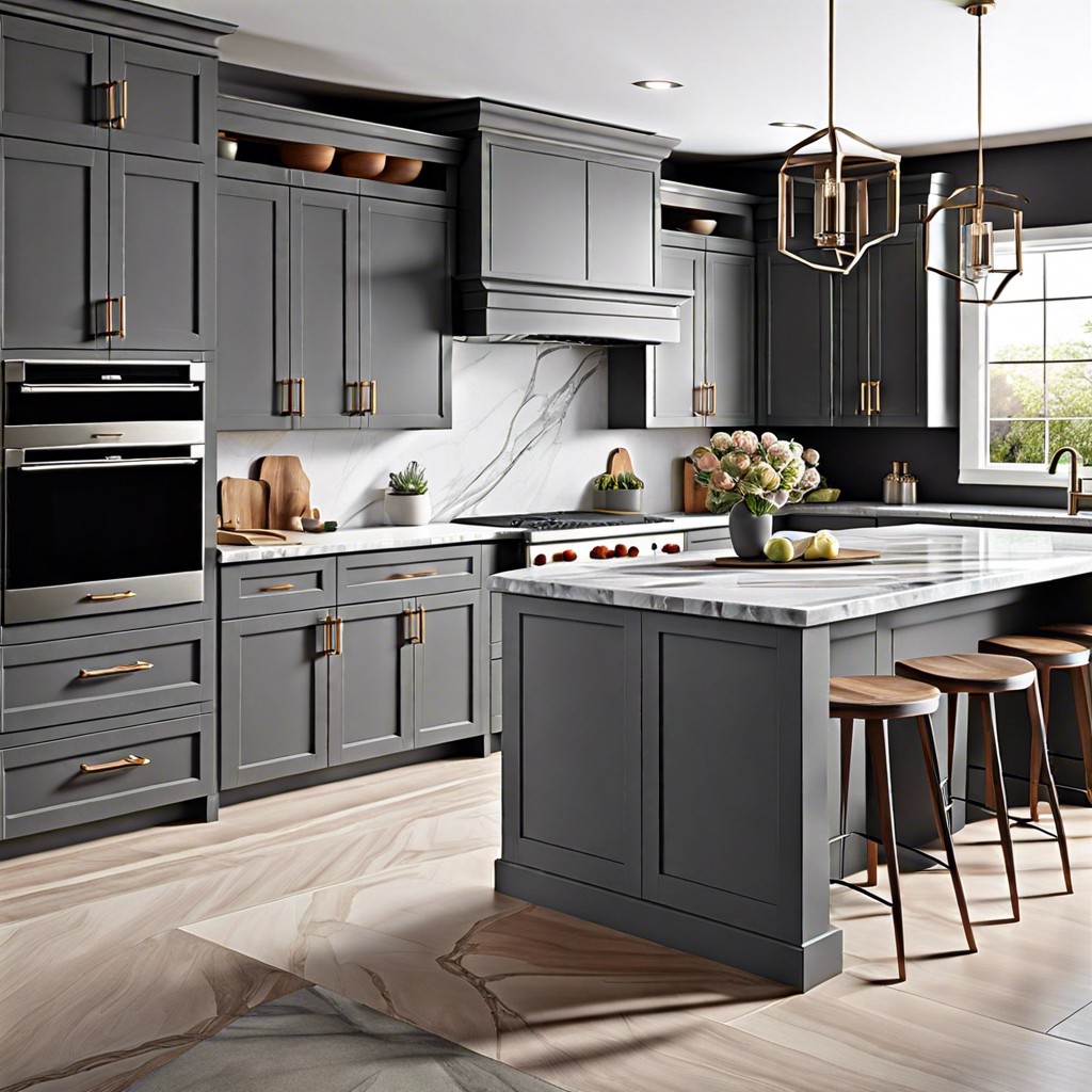 pewter gray cabinets with marble countertops