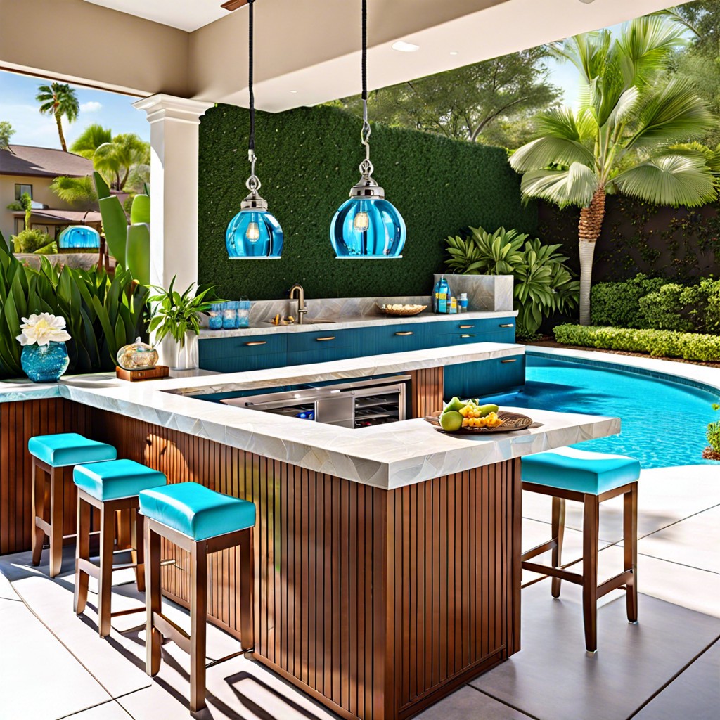 poolside kitchen with underwater bar stools