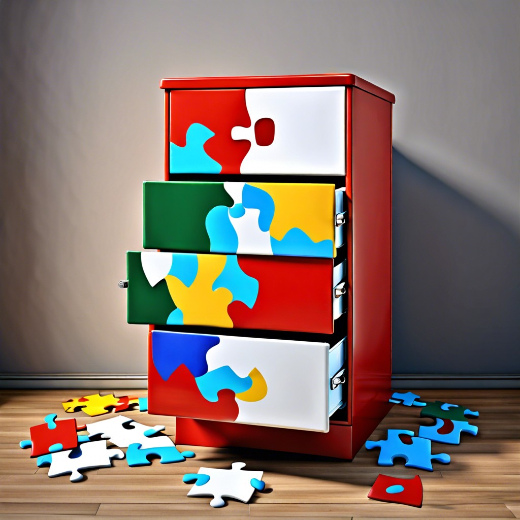 puzzle piece cabinet paint each drawer as a piece of a large puzzle