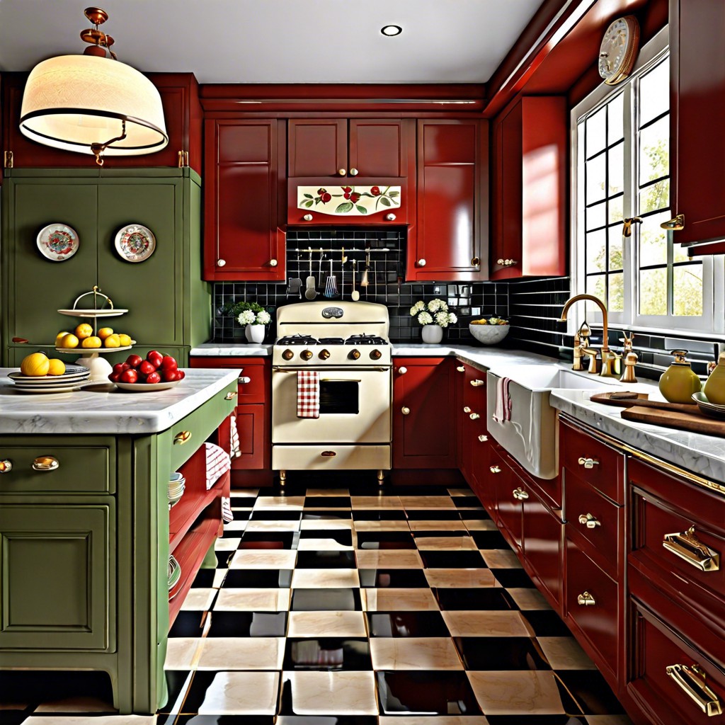 retro chic cherry cabinets with vintage hardware paired with checkerboard flooring