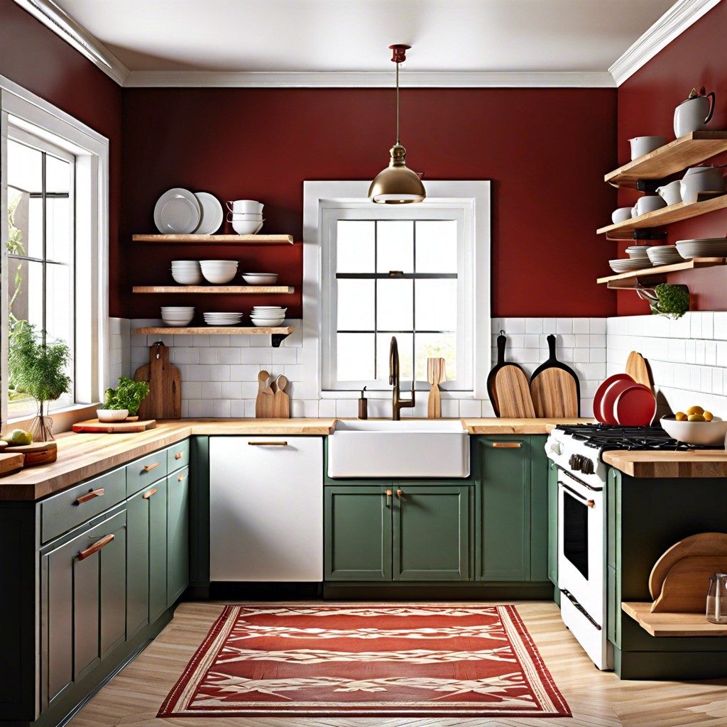 retro inspired white cabinets with a red oak butcher block and retro hardware