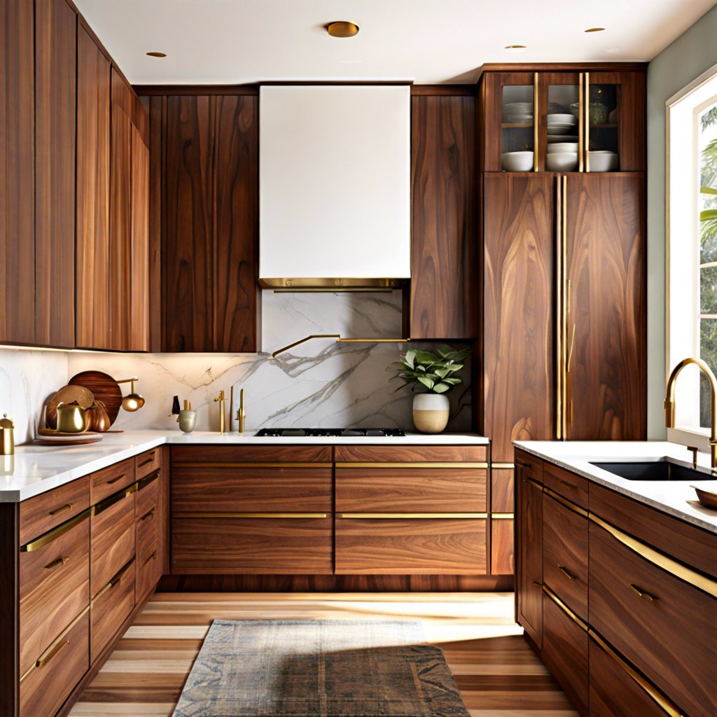 retro vibes mid century modern walnut cabinets with brass hardware