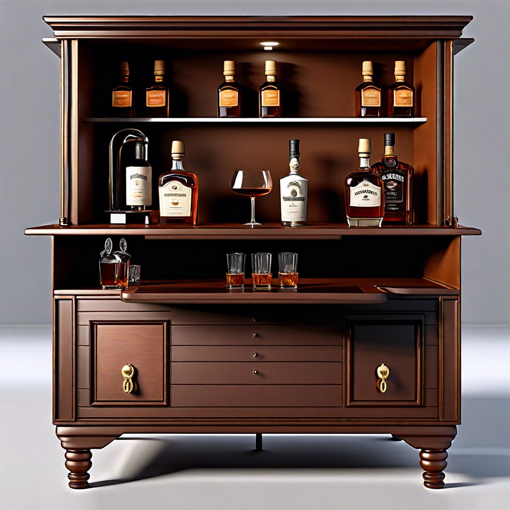 roll top desk repurposed as a bourbon station