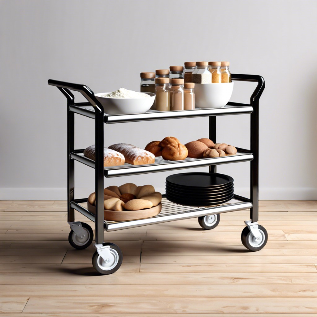 rolling cart with baking supplies