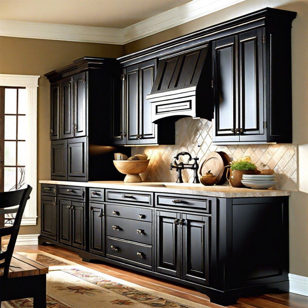 rustic black cabinets with black wrought iron handles