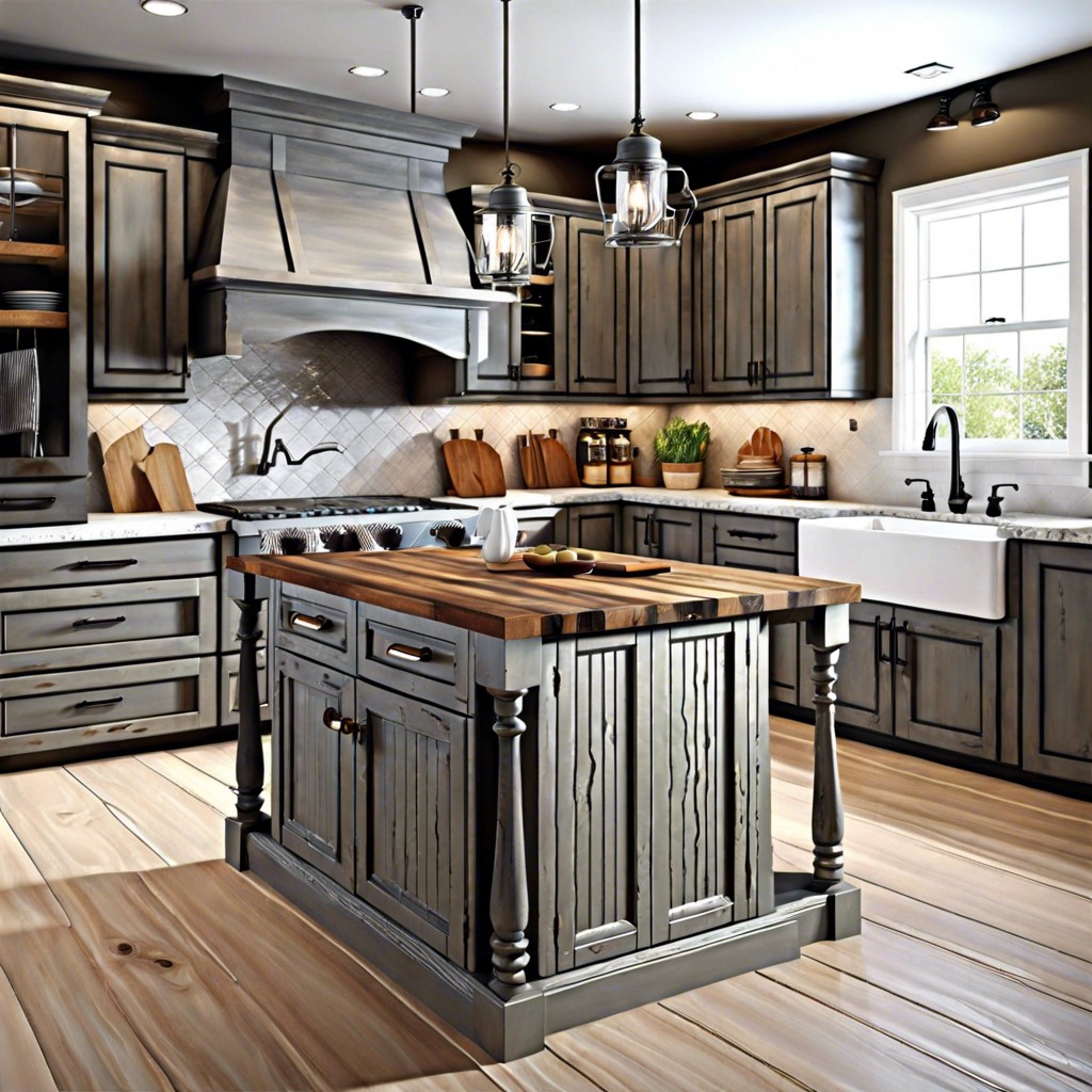 rustic kitchen featuring distressed gray cabinets and wooden countertops
