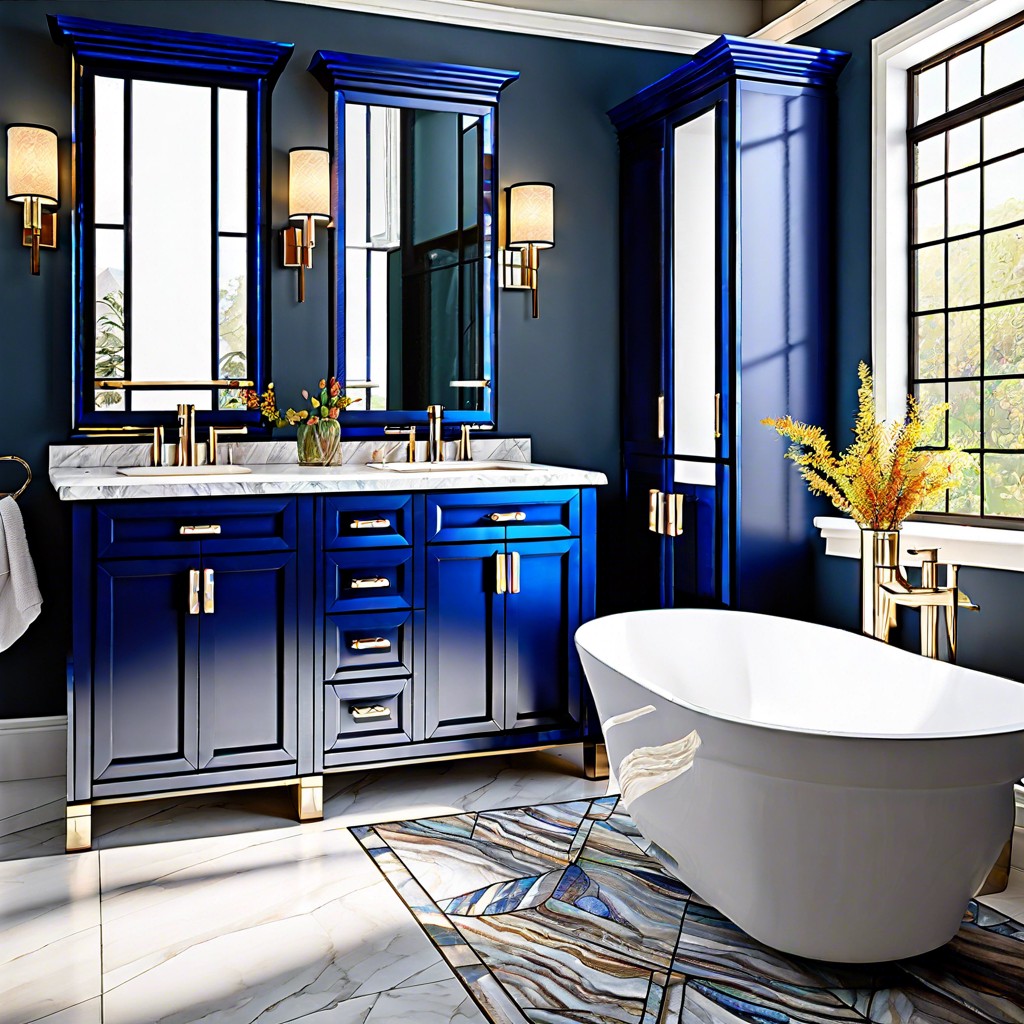 sapphire blue vanity with stained glass cabinet doors