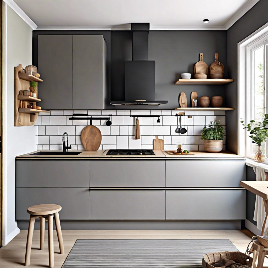 scandinavian inspired kitchen with sleek gray cabinets and natural wood accents