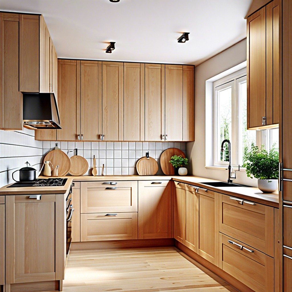 scandinavian simplicity straight line cherry cabinets with minimalist hardware and pale wood floors