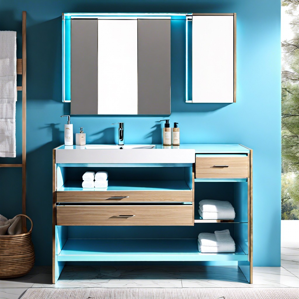 sky blue vanity with mirrored drawers
