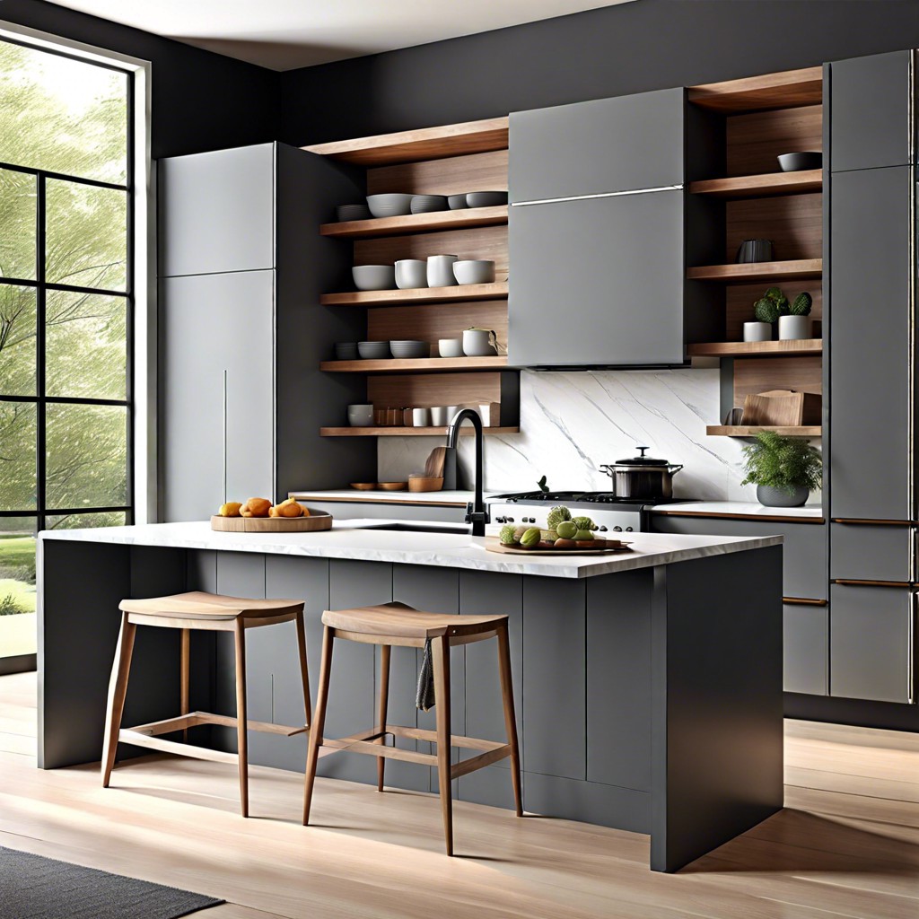 slate gray with natural wood open shelving