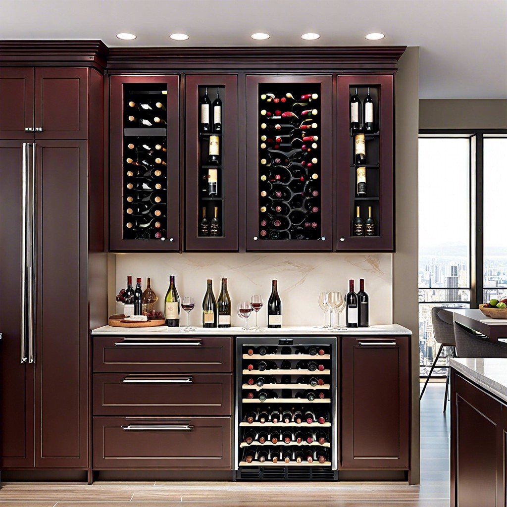 slim pull down wine rack in an overhead cabinet