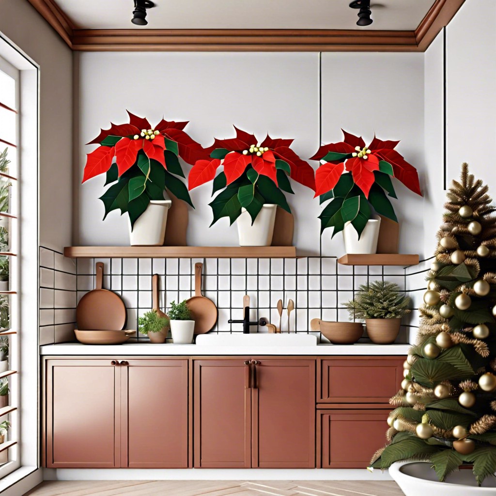 small potted poinsettias atop cabinets