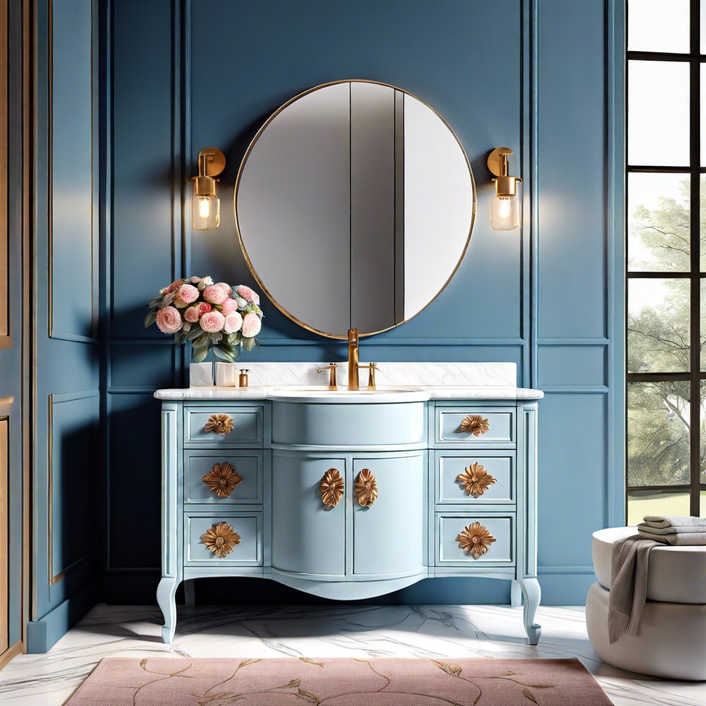 soft blue vanity with floral porcelain sink