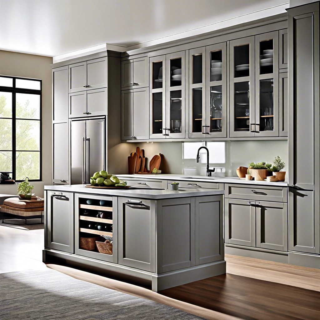 soft gray cabinets with glass panel doors