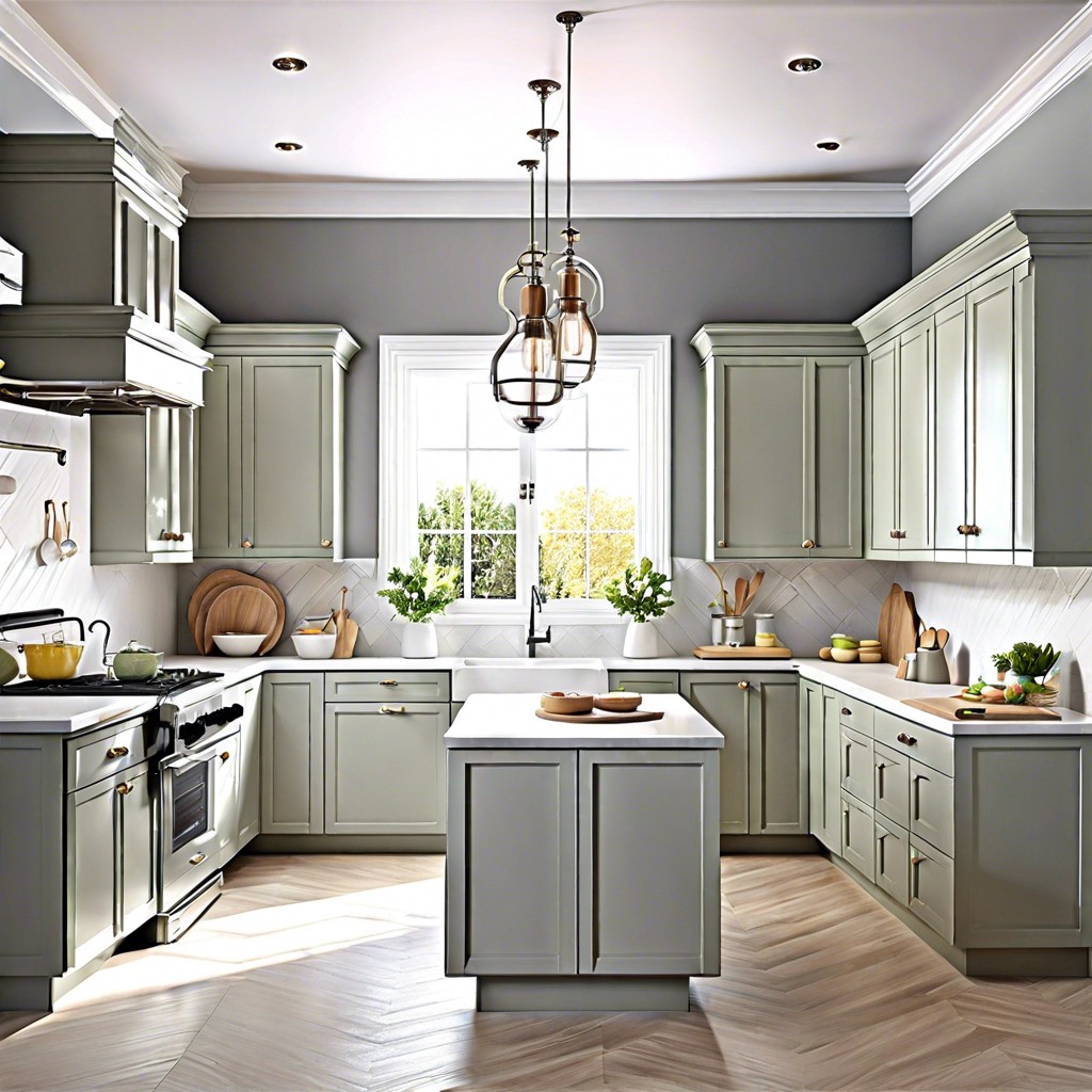 soft grey cabinets with pastel decor accents