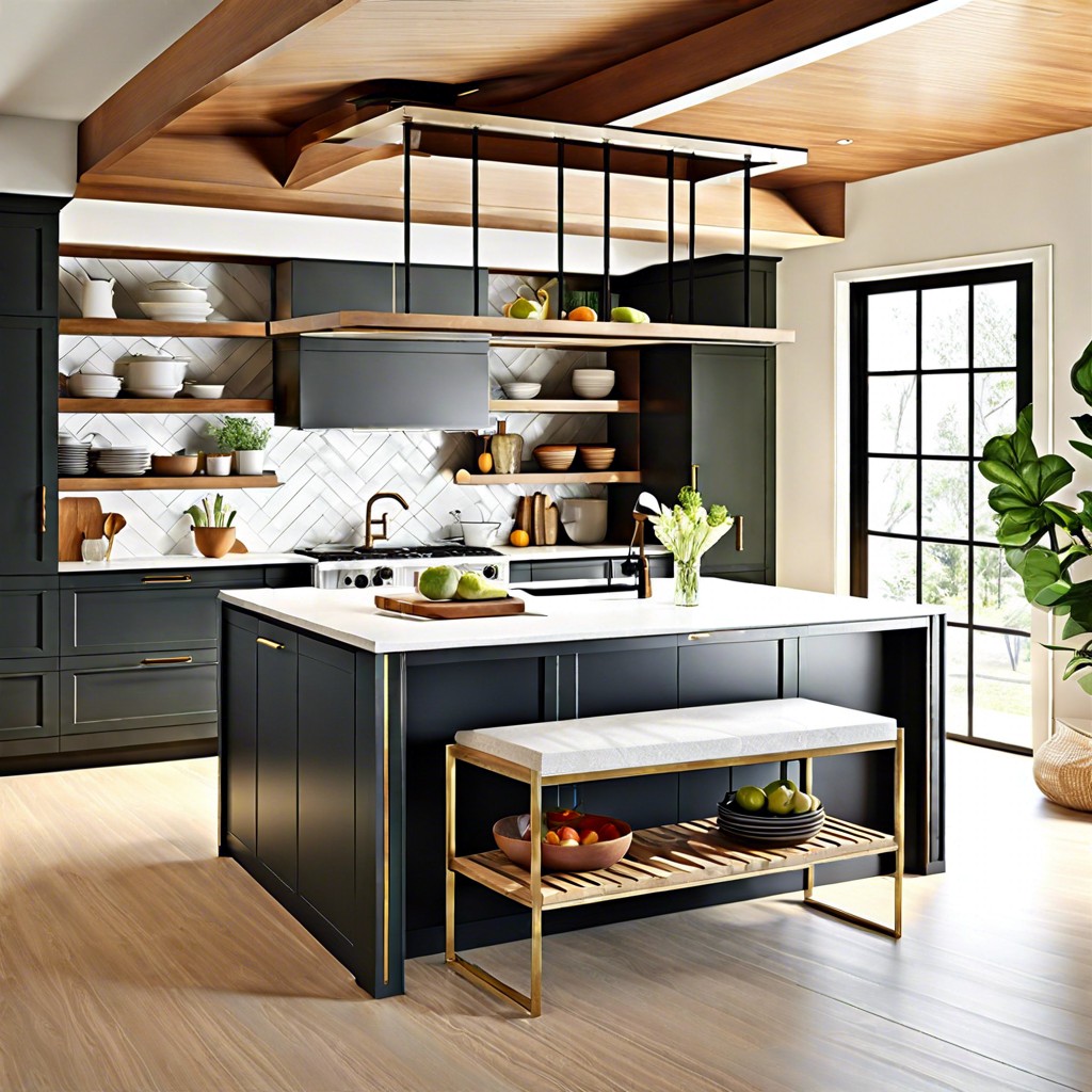 suspended shelving above kitchen island