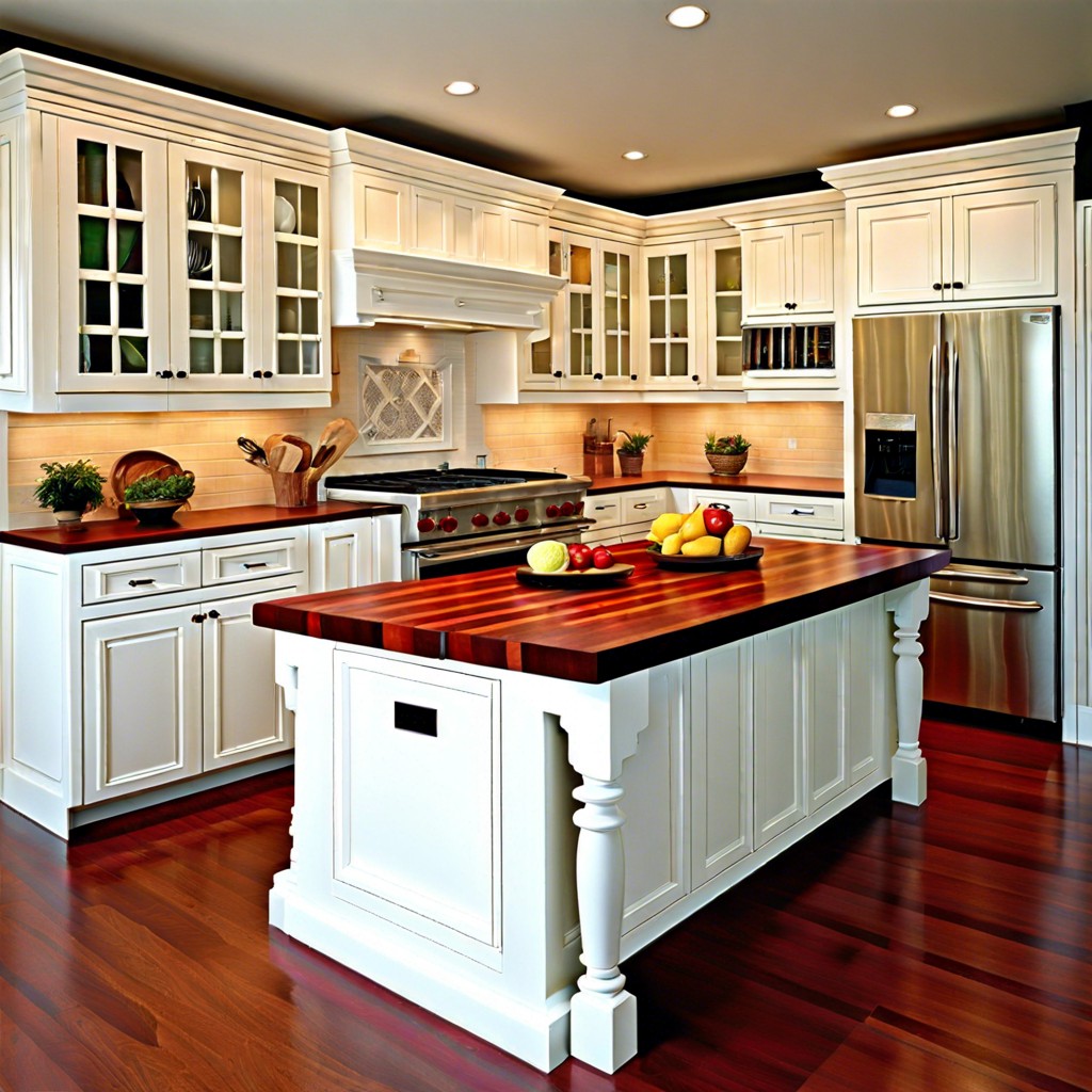 traditional elegance white paneled cabinets with a cherry butcher block