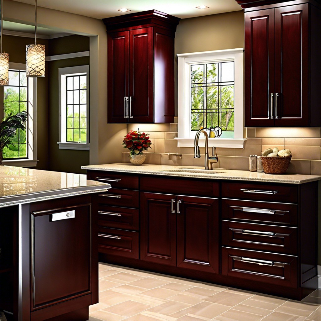 traditional twist dark cherry cabinets with modern lighting fixtures and a neutral tile floor