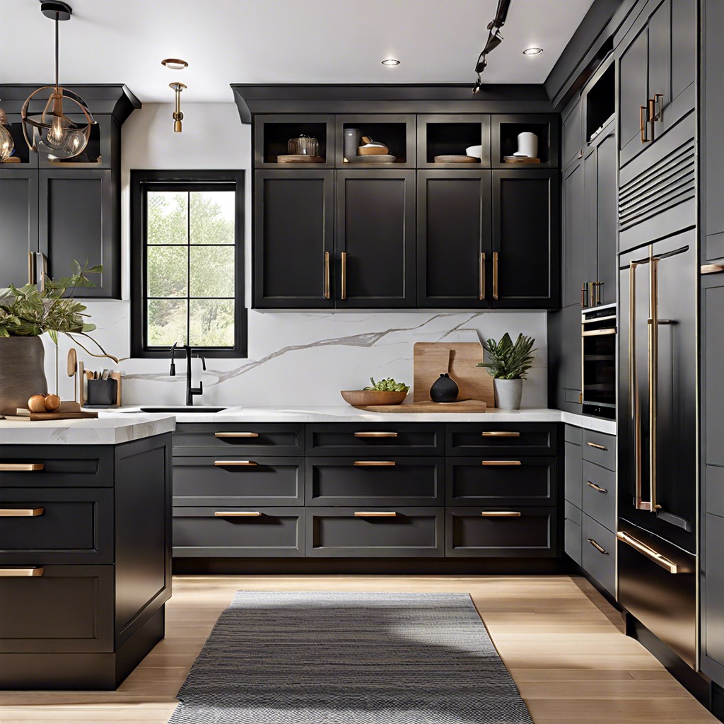 two tone black and charcoal cabinets with black leather pulls