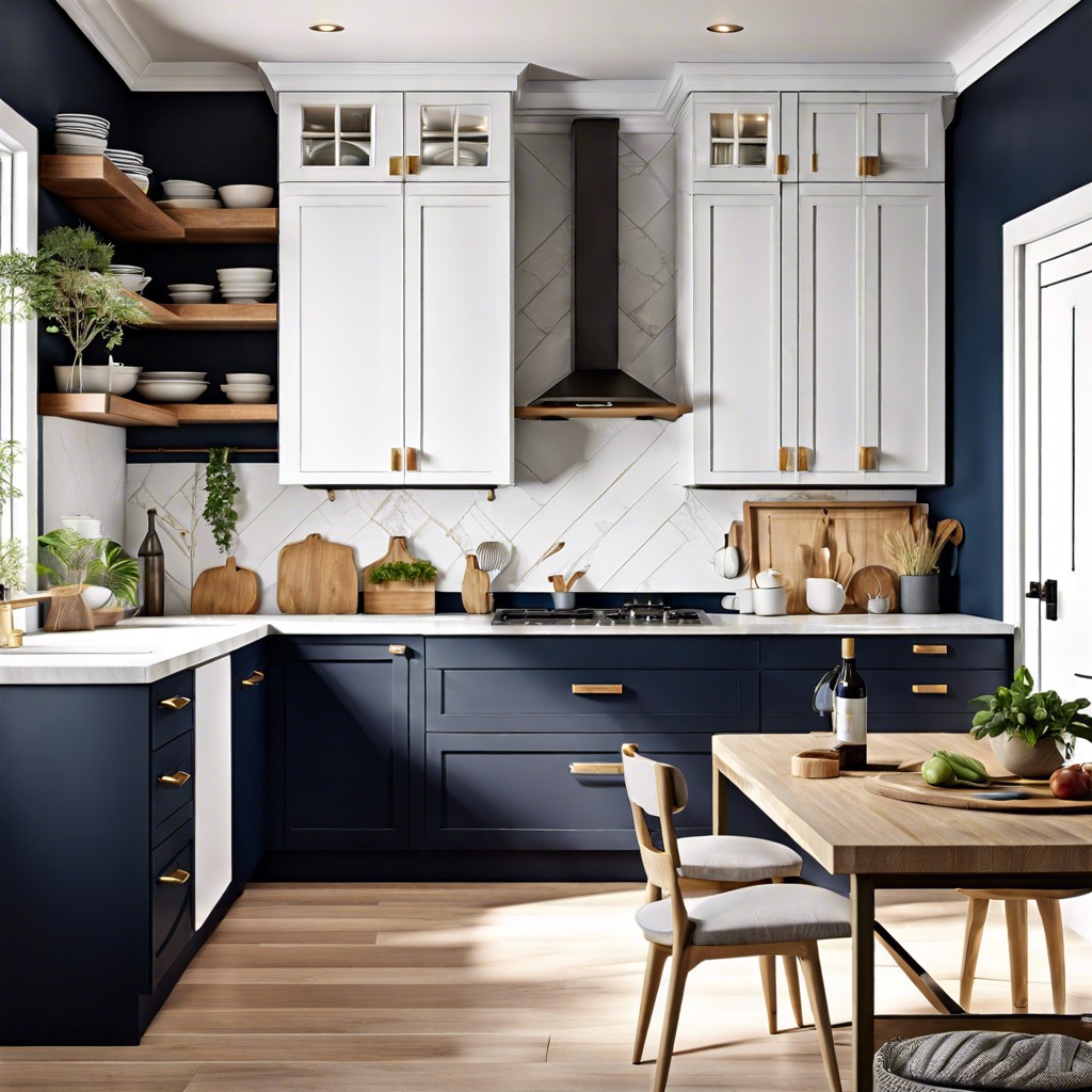 two tone kitchen upper white cabinets lower navy cabinets maple butcher block