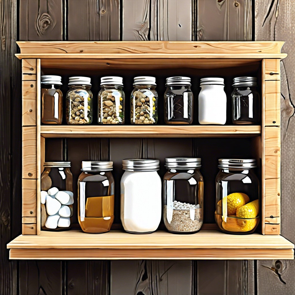utilize mason jars mounted on a wooden plank