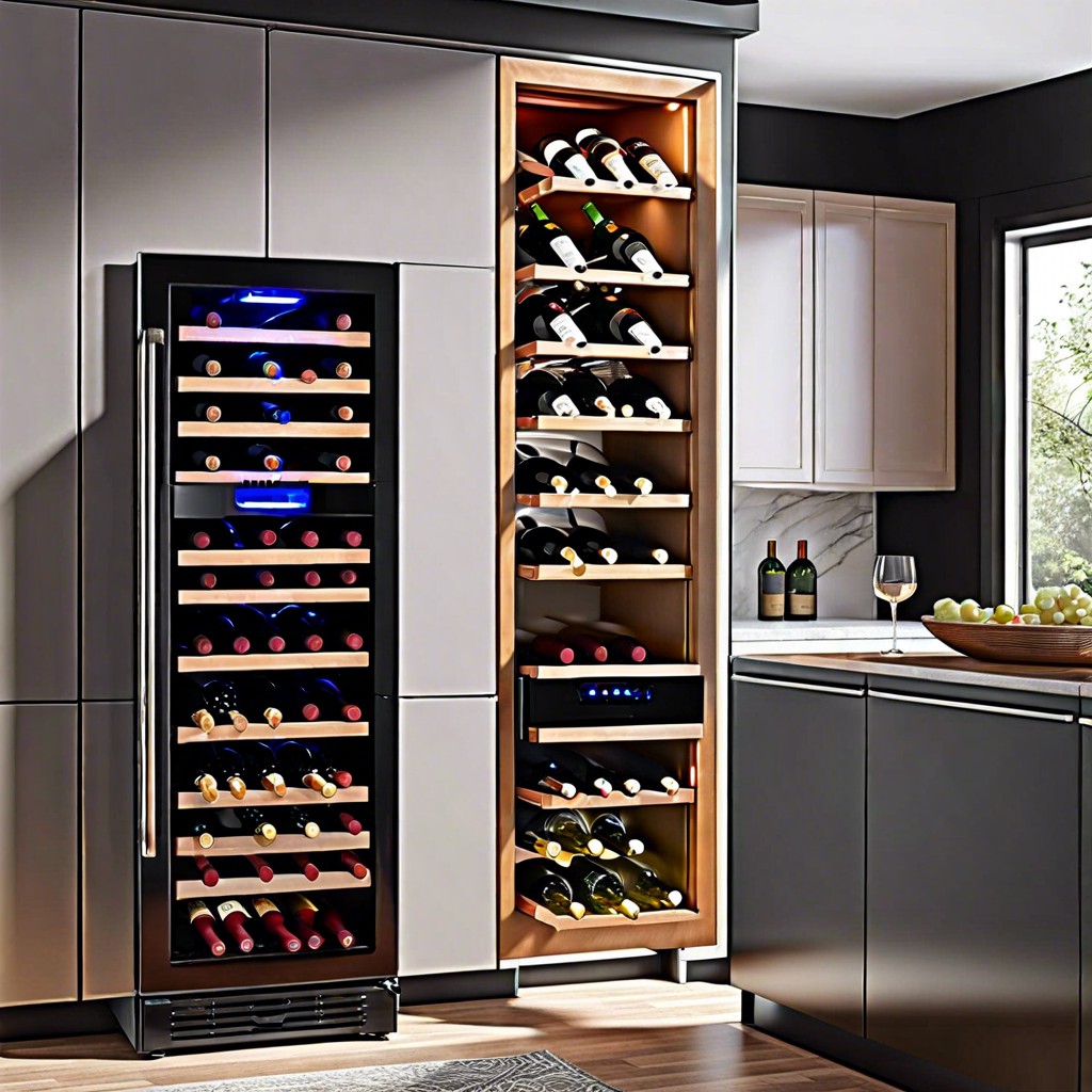vertical pull out wine rack beside the refrigerator