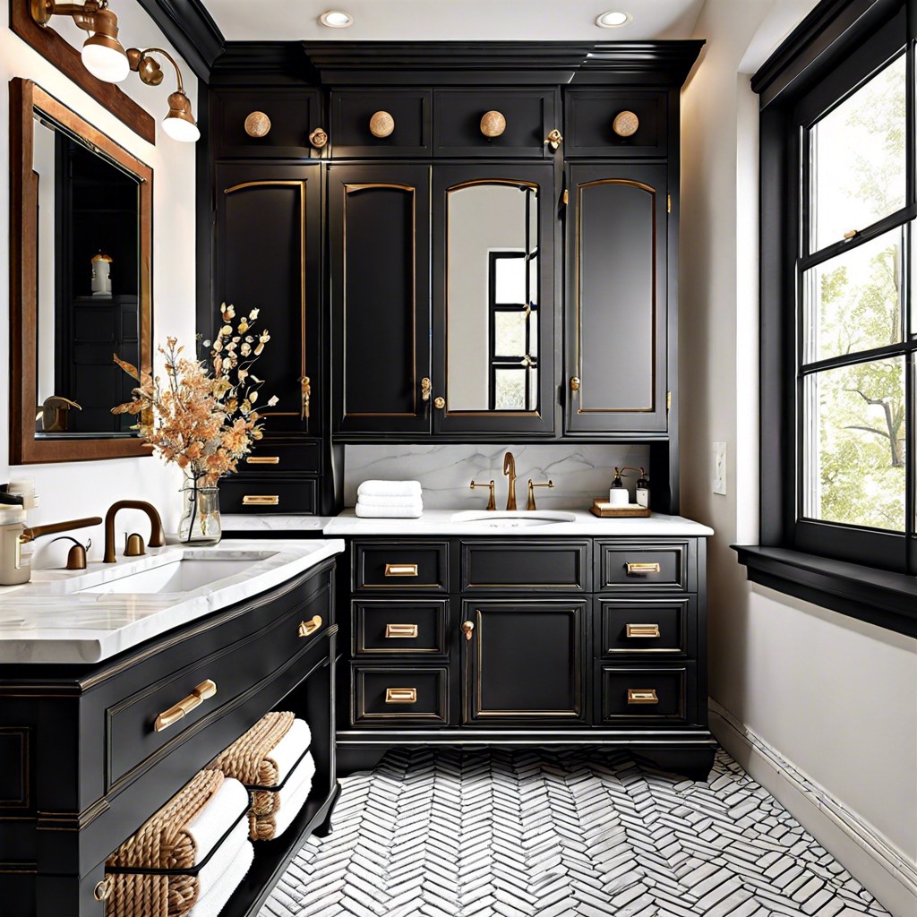 vintage black cabinets with clawfoot details