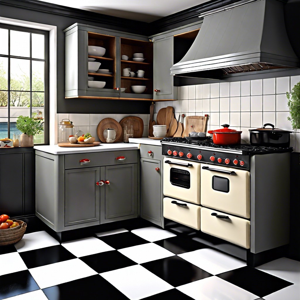 vintage kitchen with gray cabinets retro appliances and checkerboard flooring