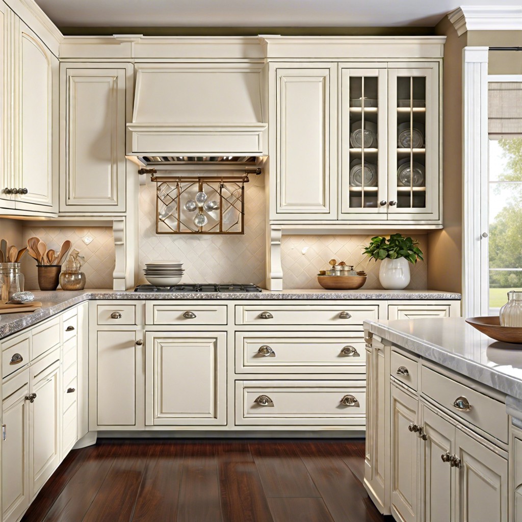 vintage white cabinets with crystal knobs