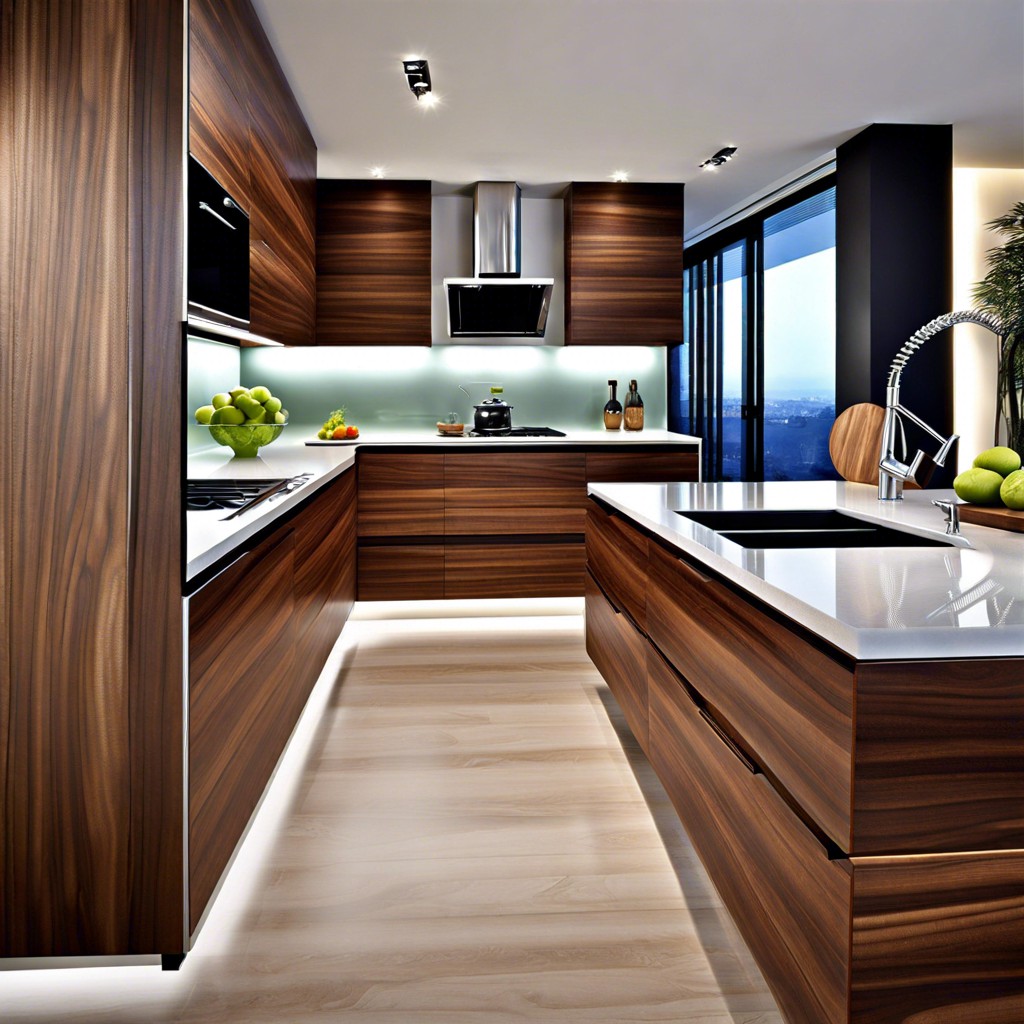 walnut cabinets with frosted glass panels