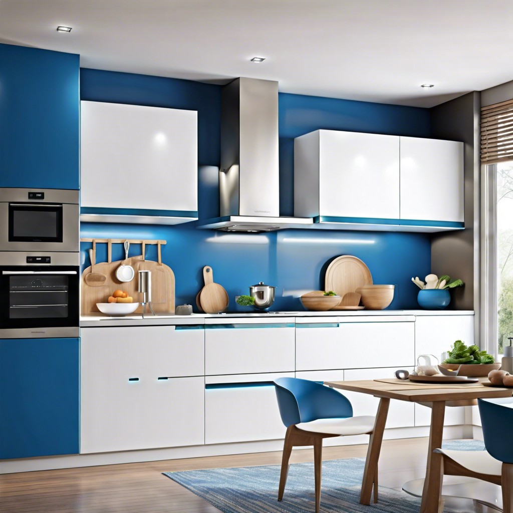 white appliances with blue accents