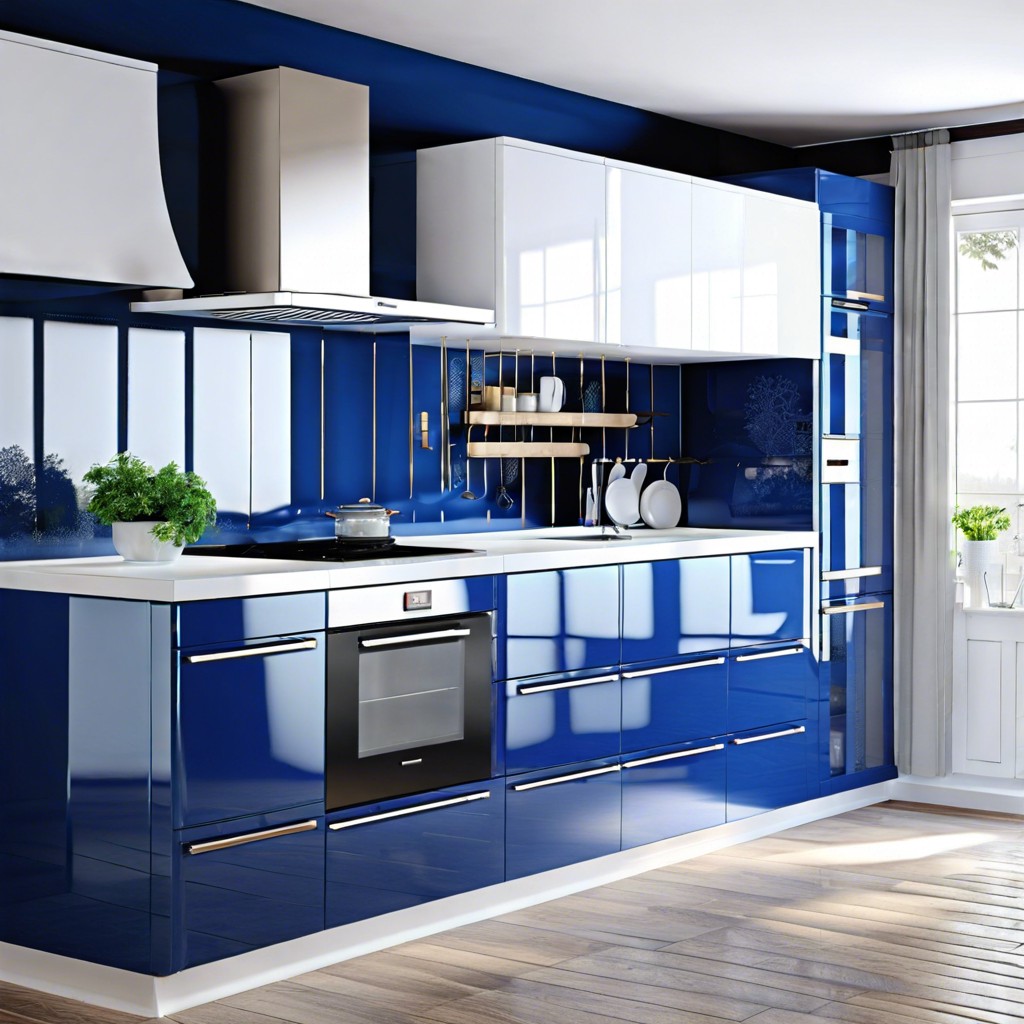 white cabinetry with blue glass inserts