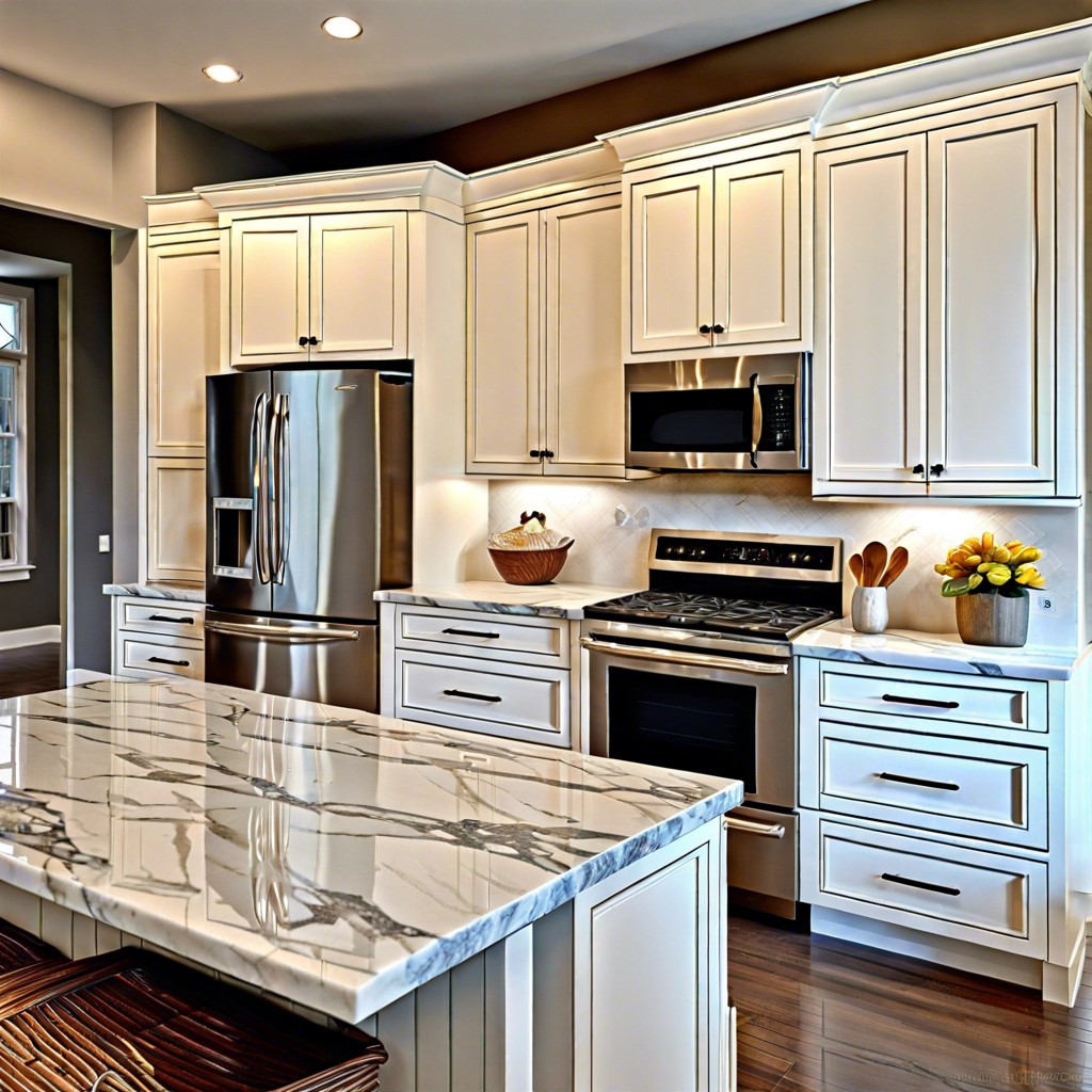 white cabinets and marble countertops