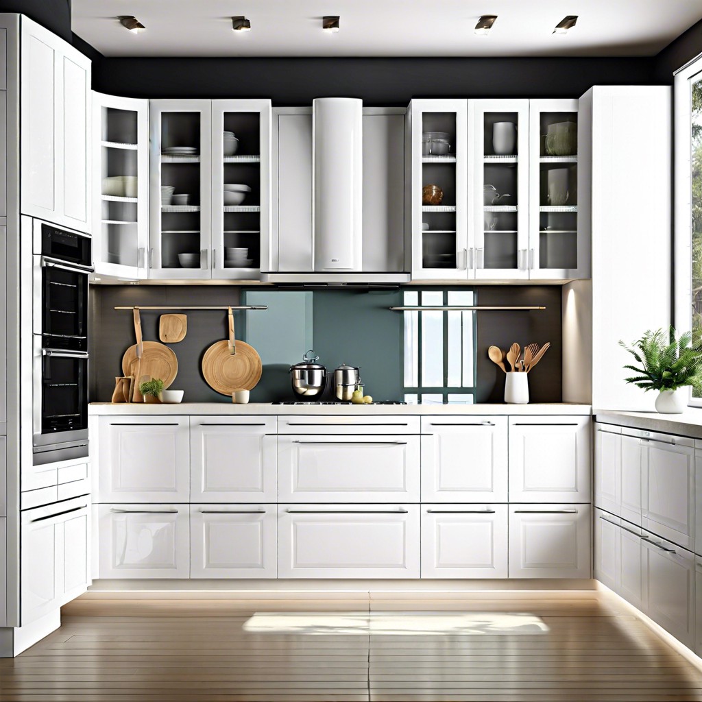 white cabinets with glass doors