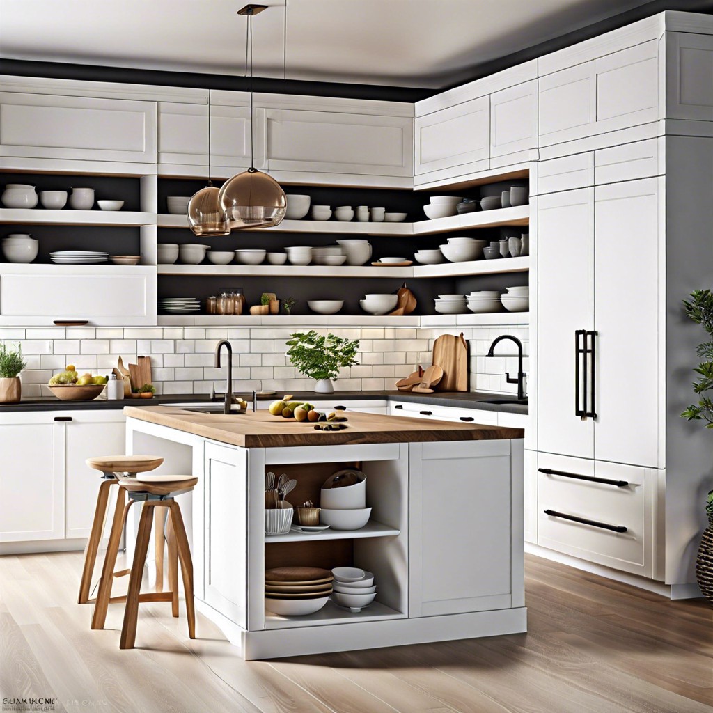 white cabinets with open shelving