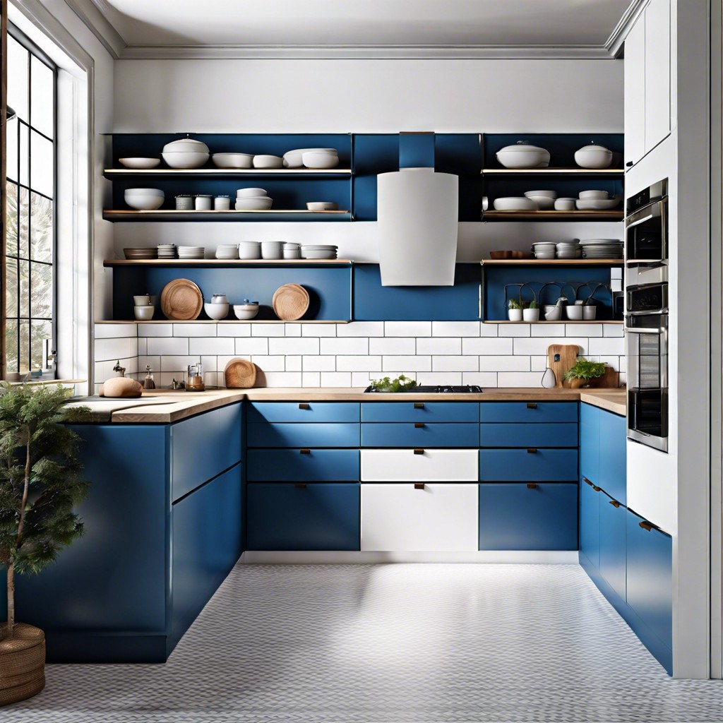 white walls with blue open shelving